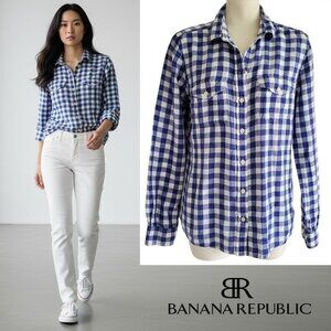 Banana Republic Soft Wash Gingham Linen & Cotton Blue White Plaid Shirt Size M